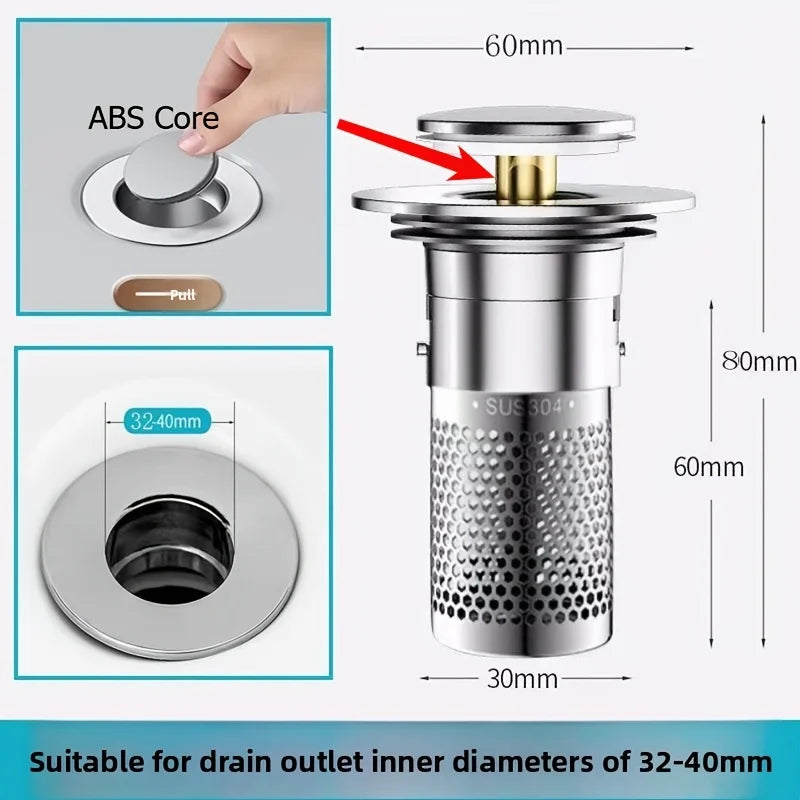 Press-Type Sink Drain Plug - Leakproof Stainless Steel | Fits Kitchen & Bathroom Sinks | Easy Install Anti-Clog Drain