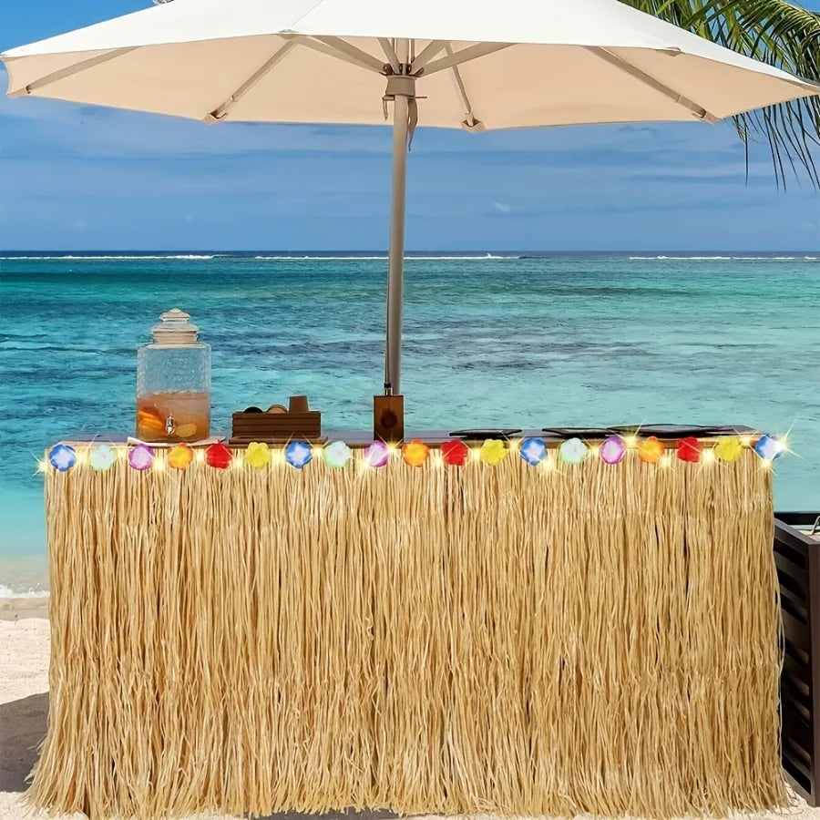 Vibrant Tropical Hawaiian Table Skirt, Easy-Hang & Reusable Decor for Party, Luau & Outdoor Events -  Summer Party Decor