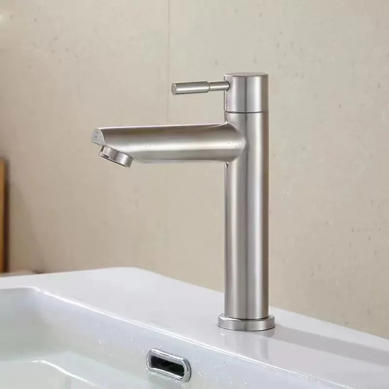 Stainless Steel Single Cold Water Tap Black Basin Fauct Silver Deck Mounted Lengthening and Raising Basin Sink Tap