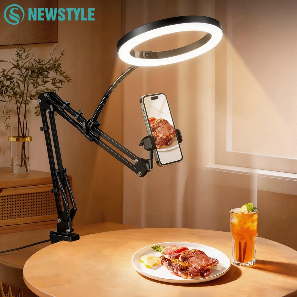 LED USB Fill Light with Phone Live Streaming Stand Flexible Gooseneck Circular Fill Light for Phone Live Streaming Clamp or Base
