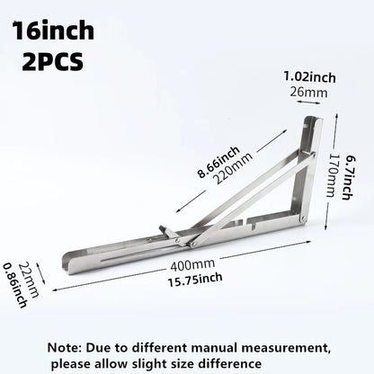 2Pcs Triangle Folding Angle Shelf Bracket Heavy Duty Stainless Steel Collapsible Shelf Bracket for Table Work Bench Wall Mounted