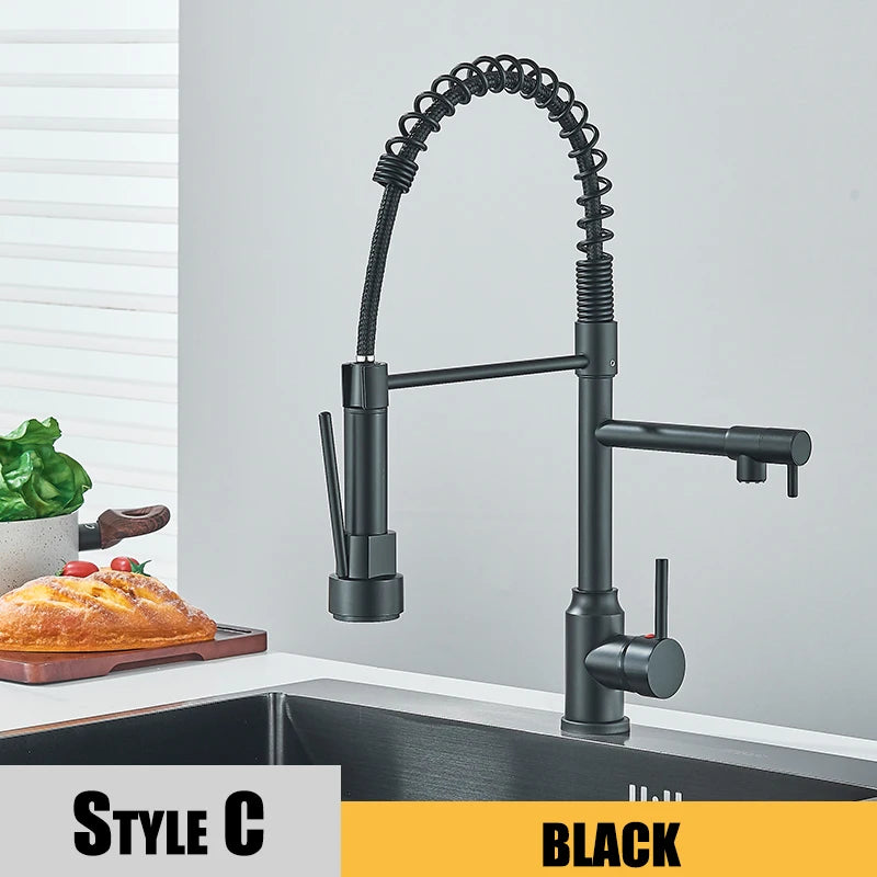 Kitchen Sink Faucet Pull Down Hot and Cold Water Mixer2 Mode Tap with Dual Spout 360 Rotation Flexible Deck Mounted