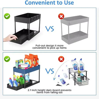 2-Tier Sliding Under Sink Organizer - Cabinet Basket Storage Rack with Hooks and Hanging Cup for Kitchen and Bathroom