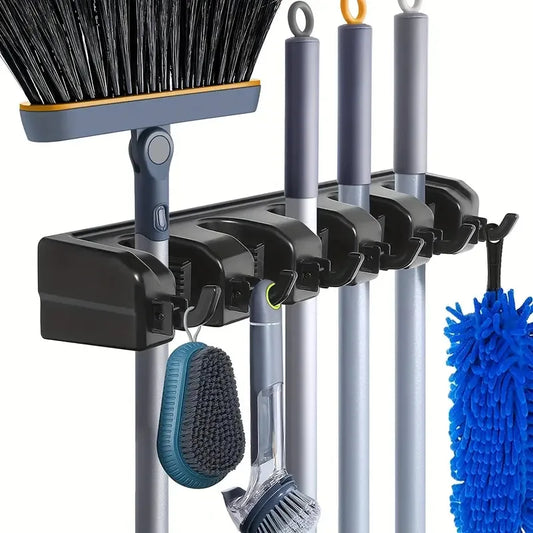 Wall Mounted Mop Holder Broom Hanger 3/4/5 Position Multi-Functional Black Magic Plastic Storage Rack for Home Kitchen Bathroom