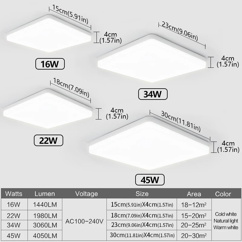 MARPOU Square Led ceiling lamp bedroom lighting Neutral white cold white warm white 48W 36W 24W 18W led ceiling light room