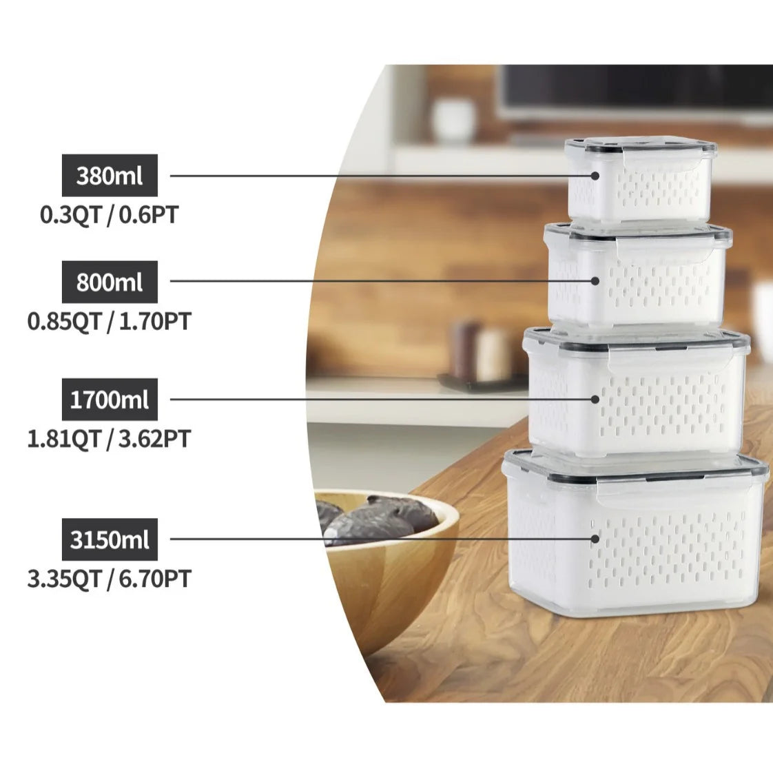 Fruit Storage Containers for Fridge Produce Containers with Removable Fruit Washing Bowl with Strainer for Salad Berry Lettuce