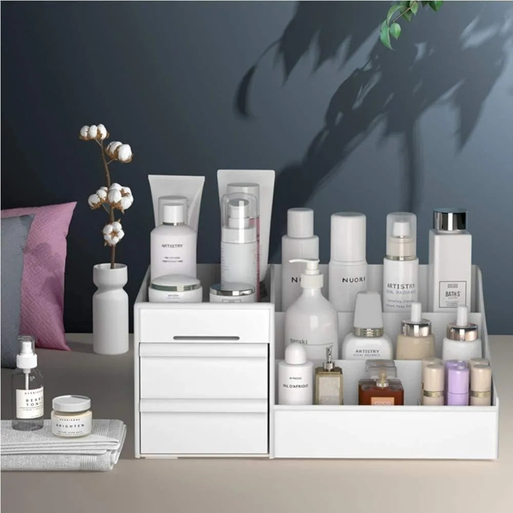 Large White Cosmetic Storage Box: Multi-Compartment Organizer for Makeup, Skincare, Jewelry, Brushes & Nail Polish
