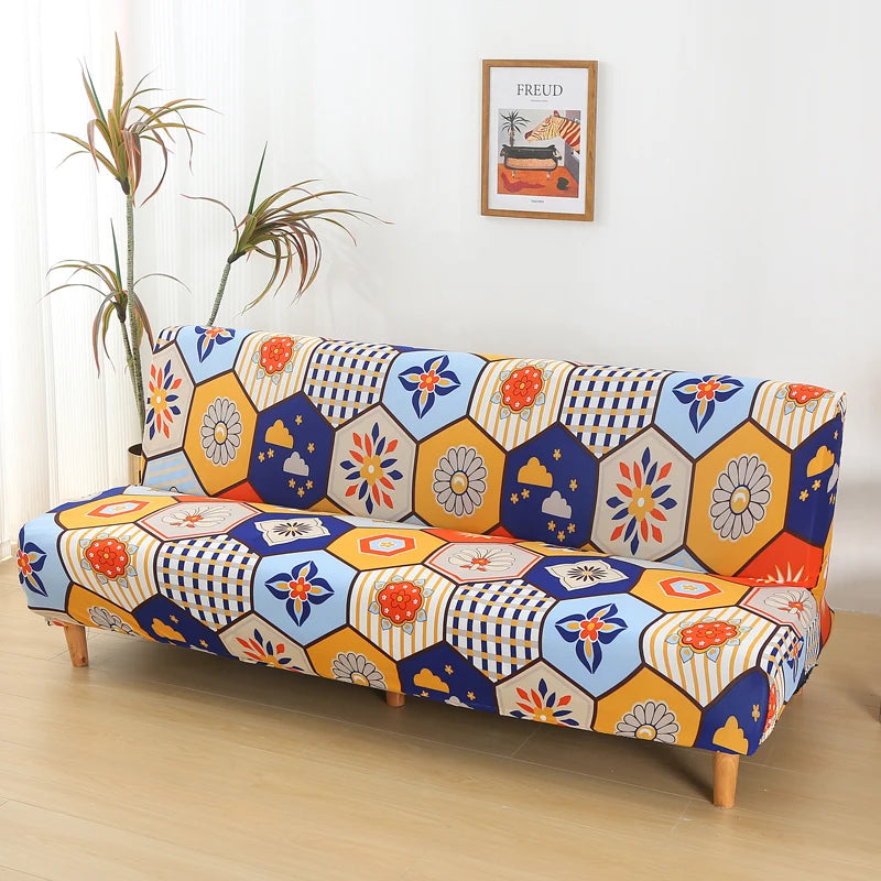 Printed Sofa Bed Cover Stretch Armless Sofa Cover Spandex Dust-Proof Furniture Protector For Bedroom, Hotel, and Home Decor