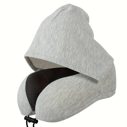 Memory Foam Hooded U-Shaped Travel Pillow with Detachable Cover Portable Neck Support for Airplane Office Nap Car and Home Use