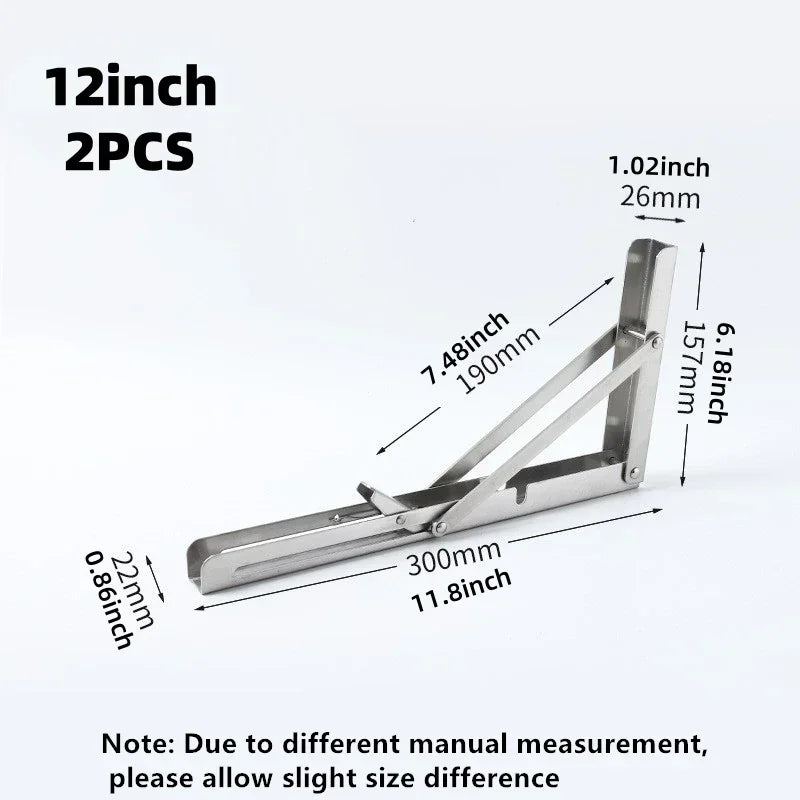 2PCS Heavy Duty Stainless Steel Triangle Folding Shelf Brackets – Wall Mounted Collapsible Angle Bracket for Table, Workbench