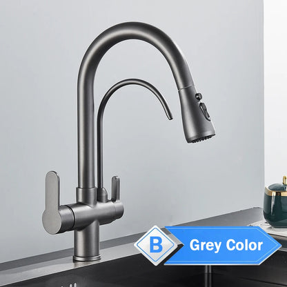 Purification Water Kitchen Faucet Black 360° Rotating Filter Water Faucets Pull Out Sprayer 3 Ways Hot Cold Water Mixer Tap