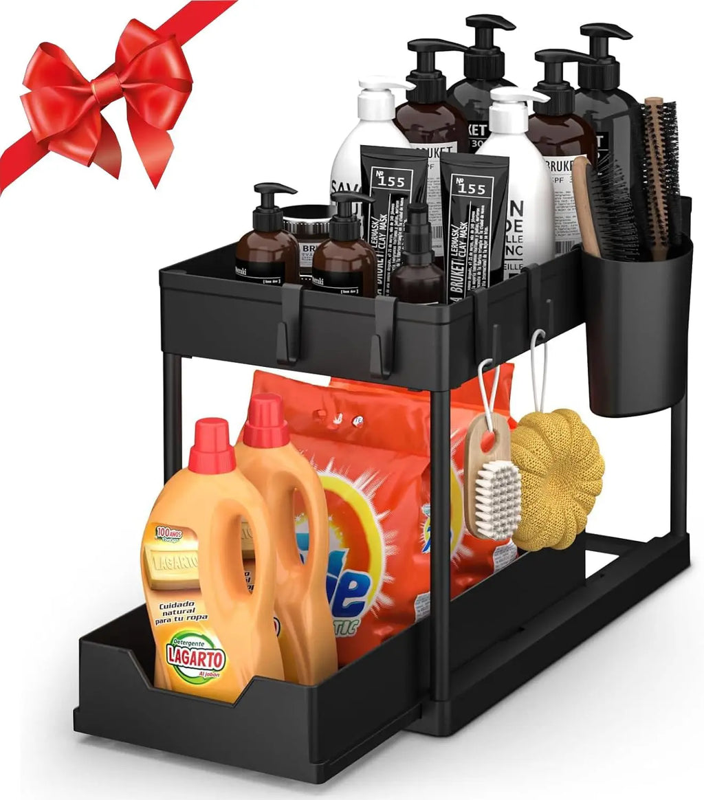 Under Sink Organizers 2 Tier Under Bathroom Cabinet Holder with Hooks & Hanging Cup, Multi-Purpose Storage Shelf for  Kitchen