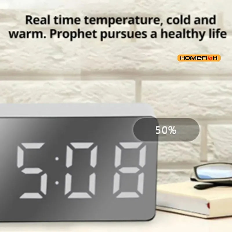 1Pc White LED Mirror Table Clock Snooze Display Time Night Light Desktop USB Alarm Clock Home Decor