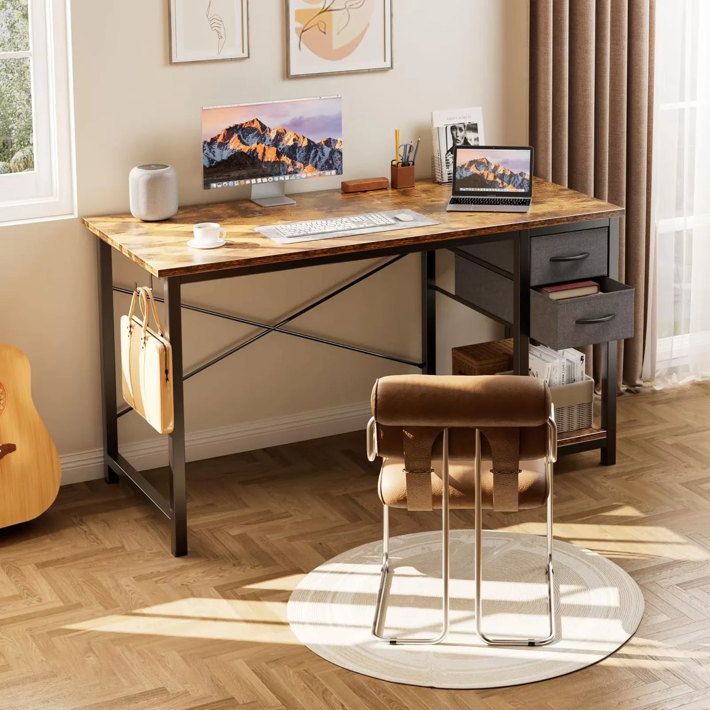 JHK 47IN Computer Desk with 2 Drawers For Study Office Gaming Wood Table with Adjustable Position Drawers Modern Work Table