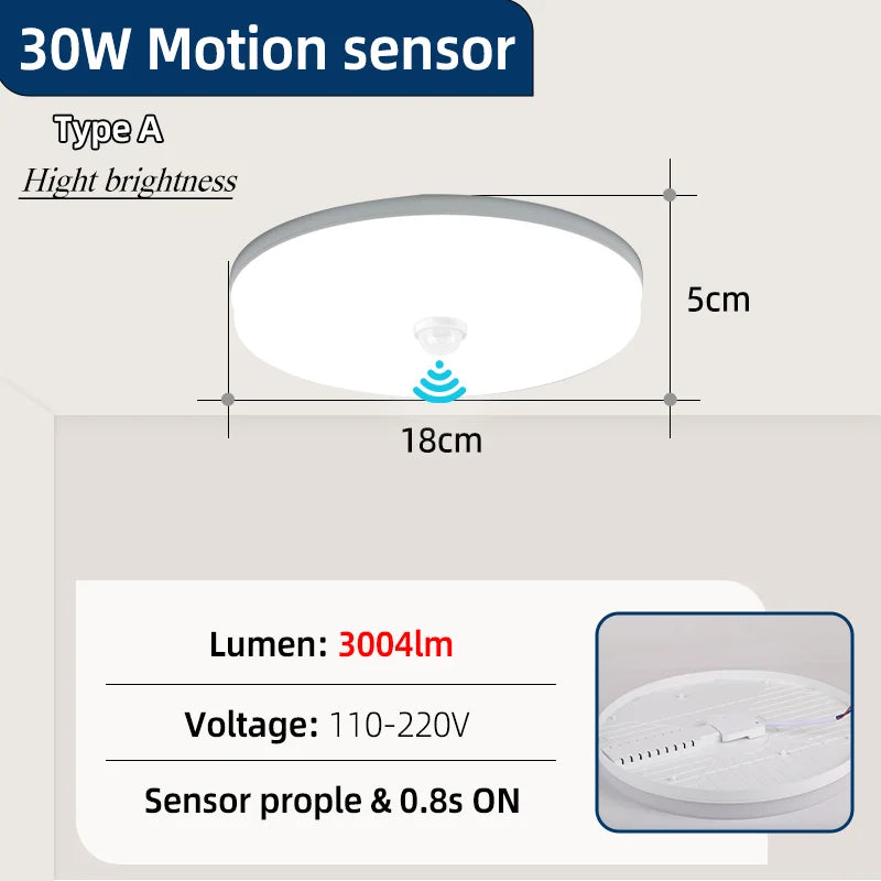 PIR Motion Sensor Ceiling Lamp 15w 20w 30w 40w Motion Detector Modern Ceiling Lighting For Corridor Garage Stair Balcony 220V
