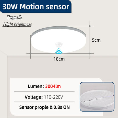 PIR Motion Sensor Ceiling Lamp 15w 20w 30w 40w Motion Detector Modern Ceiling Lighting For Corridor Garage Stair Balcony 220V