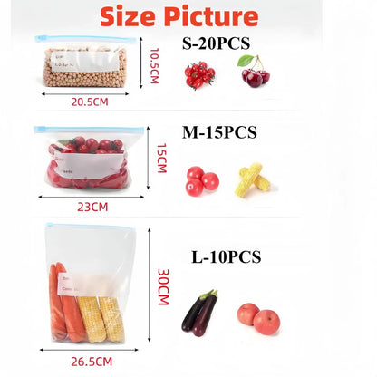 45PCS Silicone Food Storage Leakproof Reusable Stand Up Zip Shut Bags Cup Fresh Food Storage Bag Refrigerator Fresh Wrap