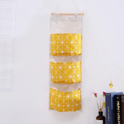 1PC Three Pockets Hanging Wall Storage Bag Household Bedroom Living Room Kitchen Cotton Linen Storage Bag