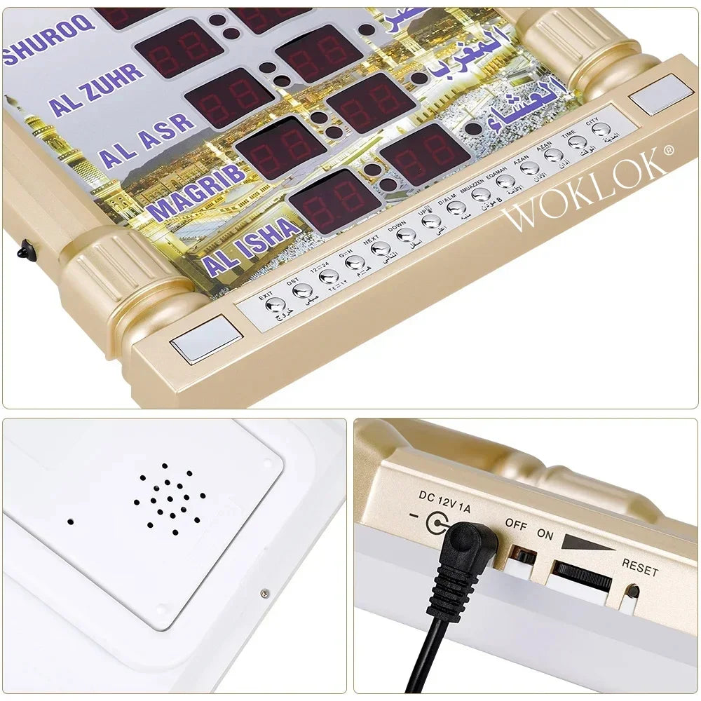12V Azan Mosque Calendar Muslim Prayer Wall Clock Alarm Islamic Mosque Azan Calendar Ramadan Home Decor with Remote Control