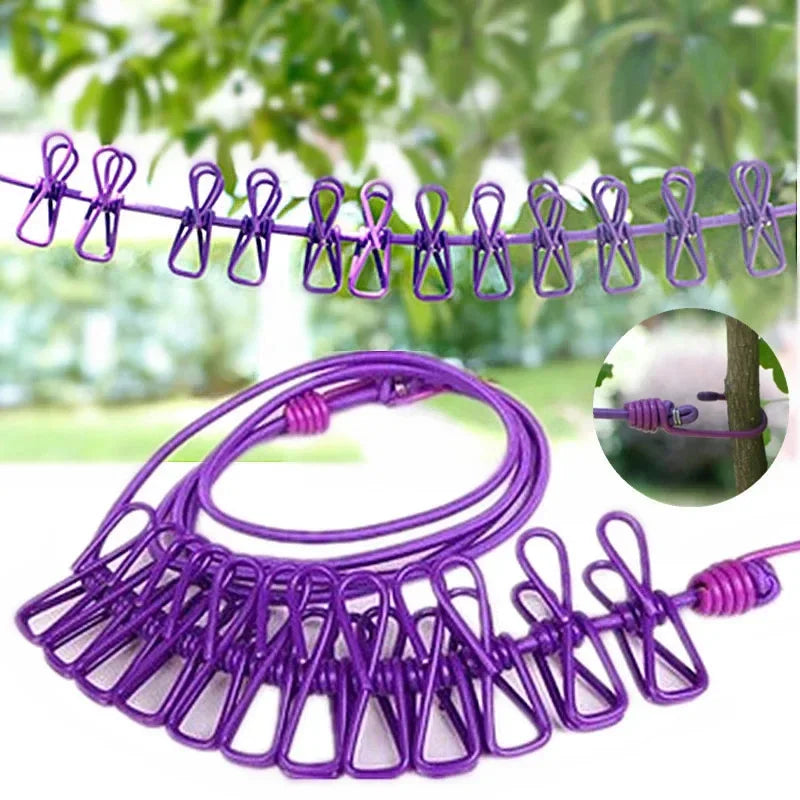 Portable Retractable Clothesline with 12 Clips Laundry Dryer Rope Drying Rack for Outdoor Hanging Clothes Line