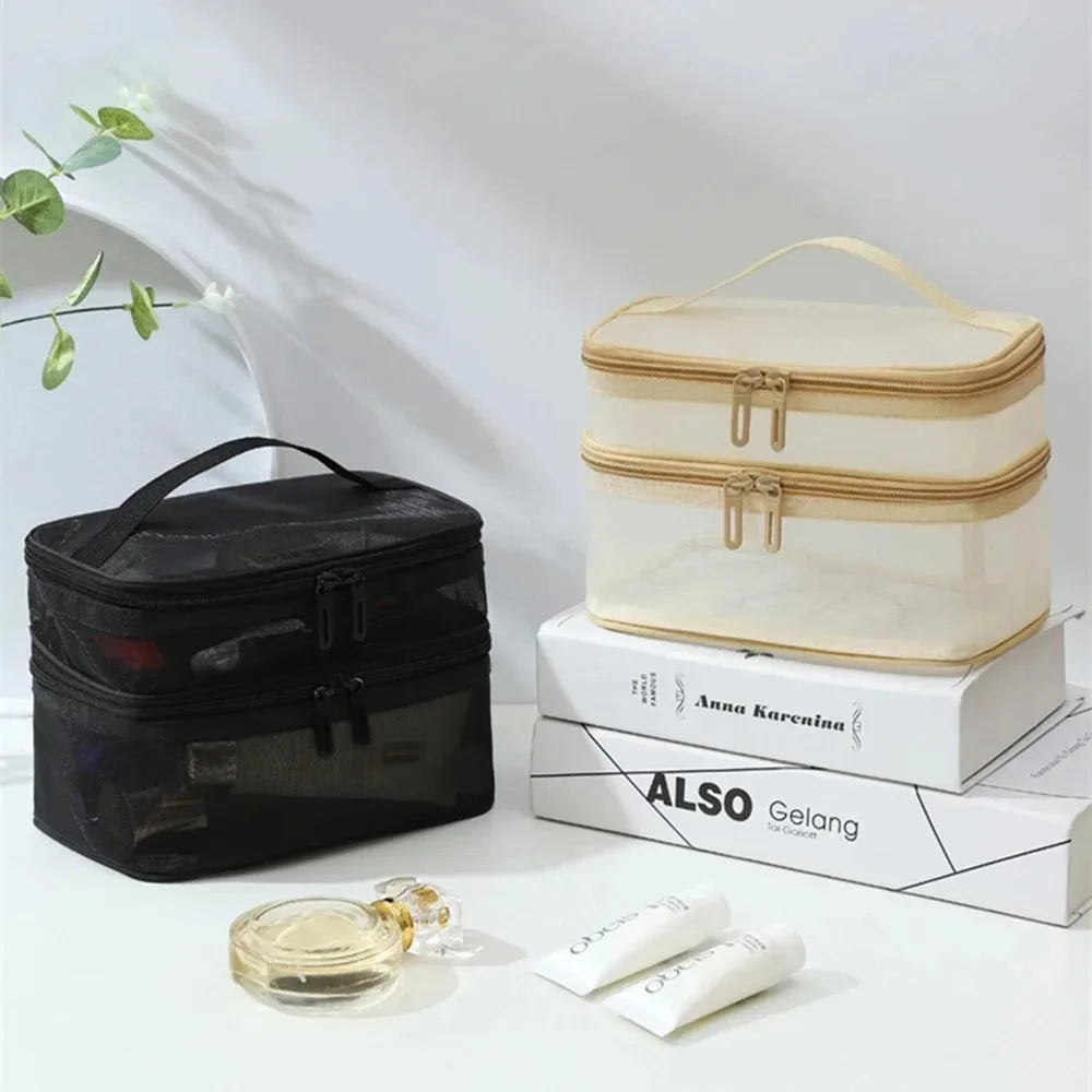 Double Layer Mesh Makeup Bag, Wash Bag, Women's Portable New Large Capacity Storage Bag, Cosmetics Storage Bag