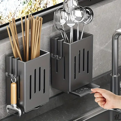 1pc/2pcs Wall-mounted Chopstick Holder Household Kitchen Sink Tableware Storage Rack Punch-free Drain with Water Tray with Hook