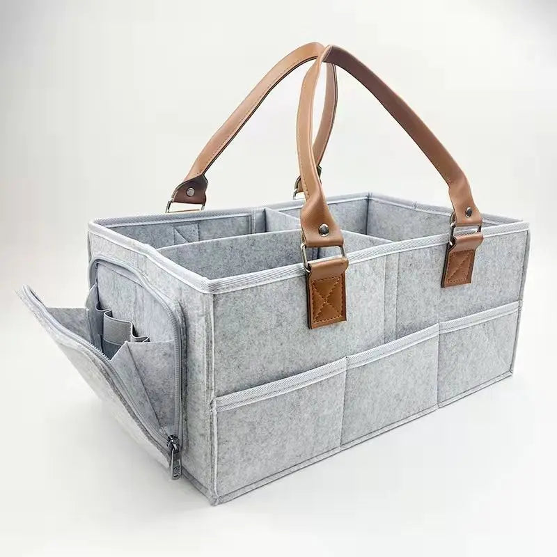 Felt zipper multifunctional storage basket PU handheld strap zipper compartment storage bag