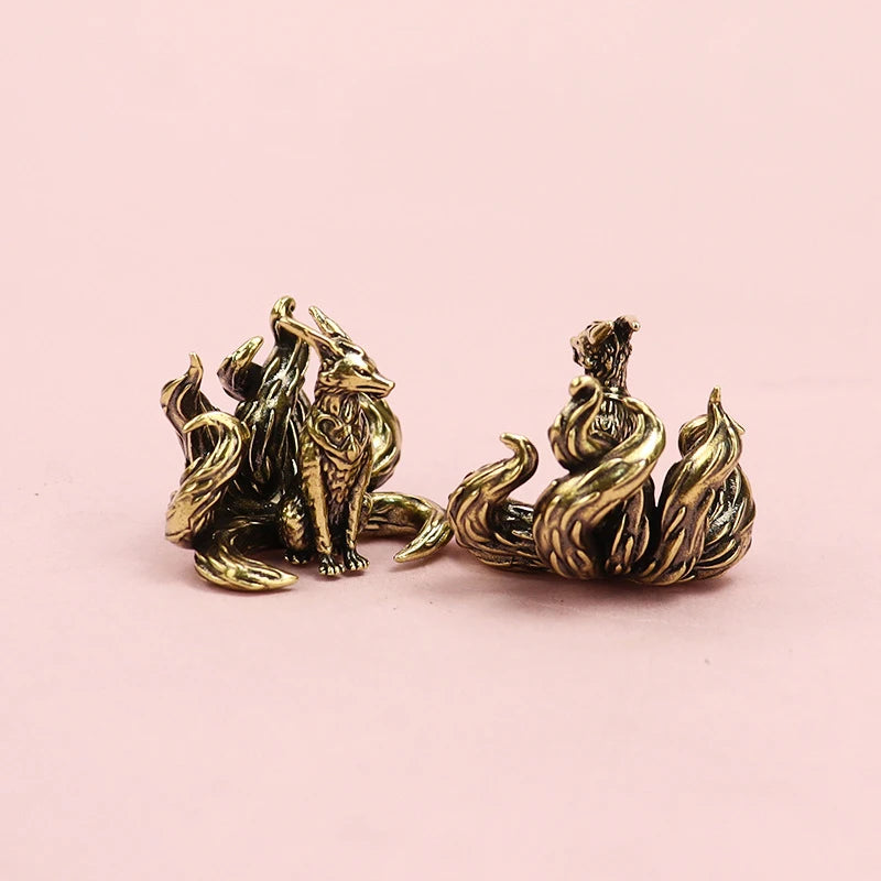 Miniature Antique Brass Lucky Nine Tailed Fox Figurines/Bat Ornament Copper Animal Mini Office Desktop Crafts Home Decor