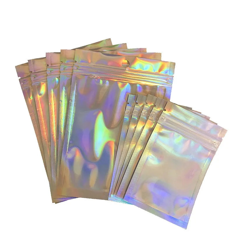 100pcs Holographic Resealable Mylar Bags Ziplock Candy Suger Tee Jewelry Beauty Storage Bag