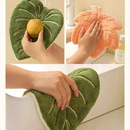 Soft Double-layer Leaf Style Hand Towel Thickened Absorbent Hanging Hand Cloth Speed Dry Handkerchief Rag for Kitchen Bathroom