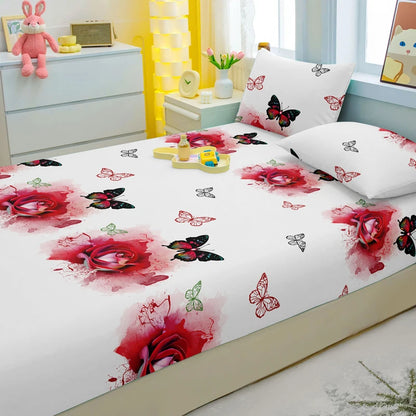 1 Simple Modern Plant Flower Butterfly Printed Matte Fitted Sheet, Bedroom Printed Bed Cover, Bedding (Excluding Pillowcases)