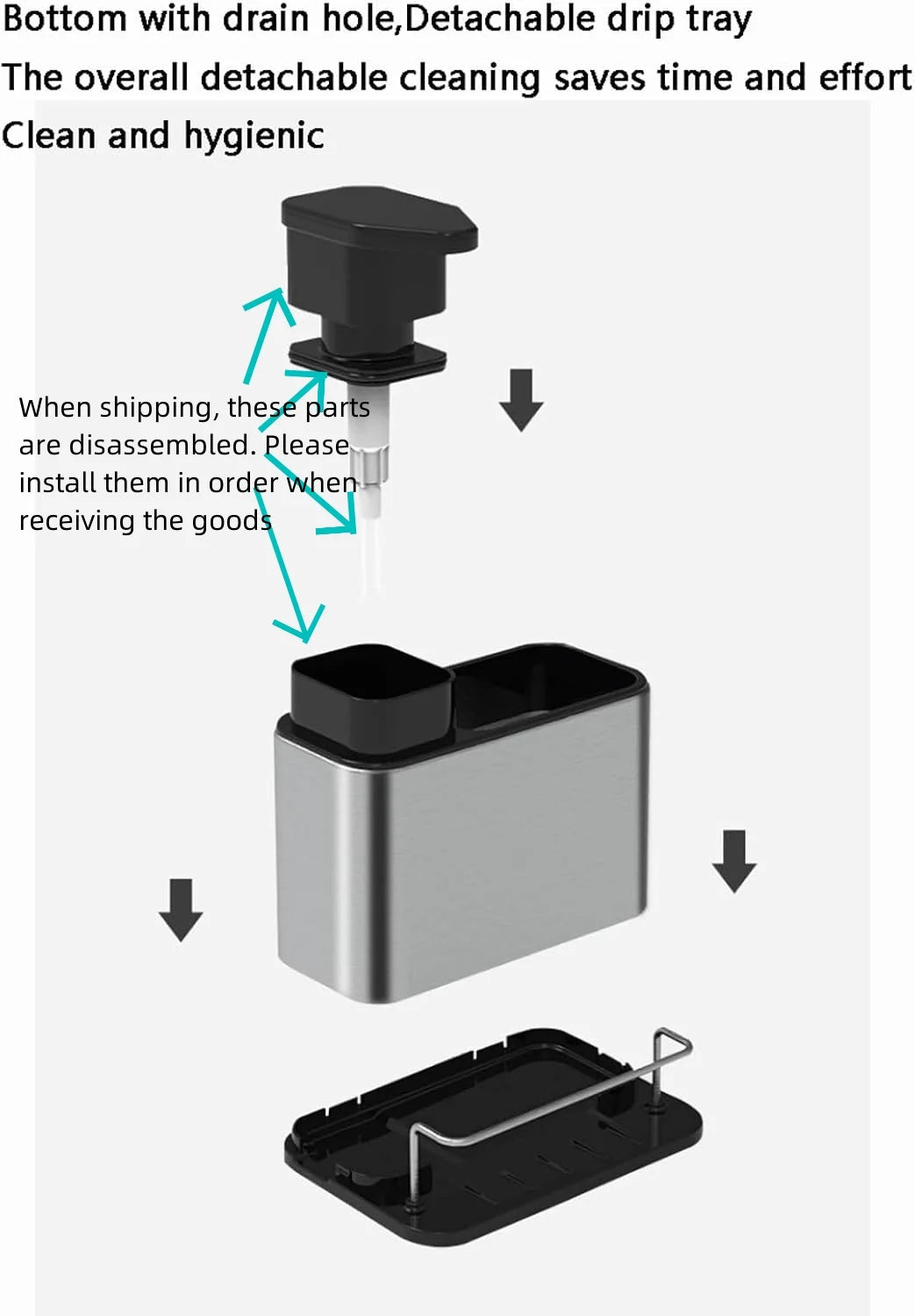 3-in-1 Kitchen Stainless Steel Tableware Soap Dispenser, Sponge Holder, Sink Organizer Drain Rack, Suitable for Kitchen Sinks