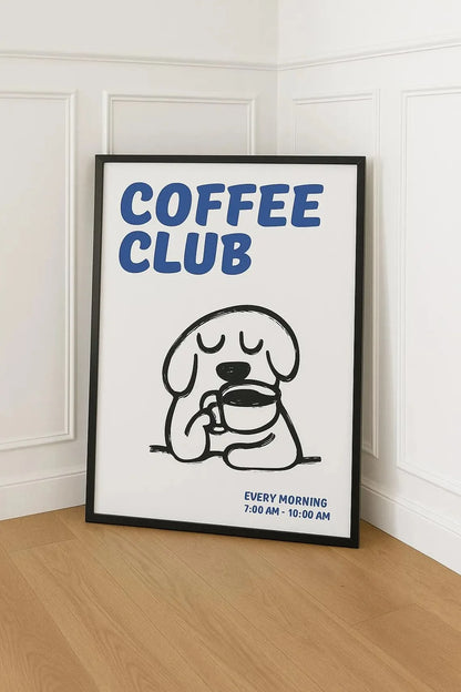 Retro Bonjour Dog Coffee Canvas Print Funny Dog Coffee Club Kitchen Wall Art Poster for Modern Living Room Bedroom Home Decor