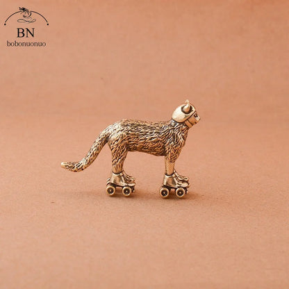 Copper Ski cat Small Ornaments Solid Brass Antique Animal Sculpture Crafts Desk Tea Table Decoration Home Decor for Living Room