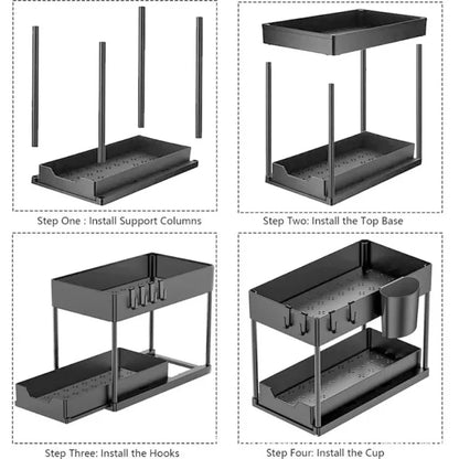 2-Tier Sliding Under Sink Organizer - Cabinet Basket Storage Rack with Hooks and Hanging Cup for Kitchen and Bathroom