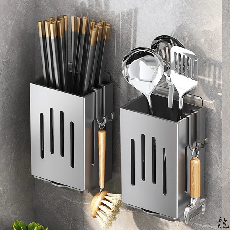 1pc/2pcs Wall-mounted Chopstick Holder Household Kitchen Sink Tableware Storage Rack Punch-free Drain with Water Tray with Hook