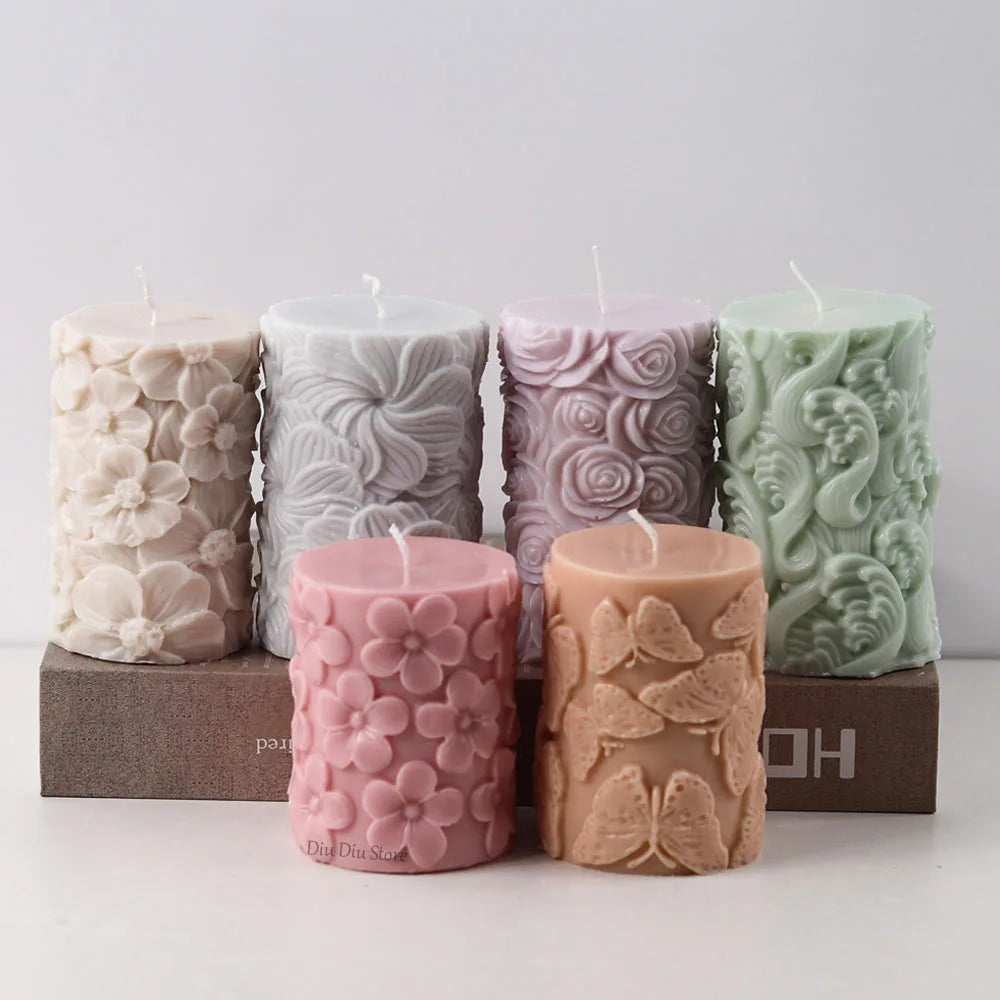 Flower Butterfly Columnar Silicone Candle Mold DIY Waves Soap Resin Plaster Making Tool Geometry Chocolate Mould Home Decor Gift