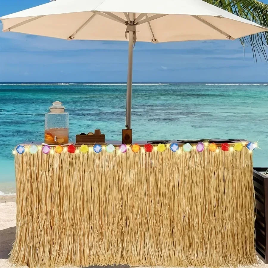 Vibrant Tropical Hawaiian Table Skirt, Easy-Hang & Reusable Decor for Party, Luau & Outdoor Events -  Summer Party Decor