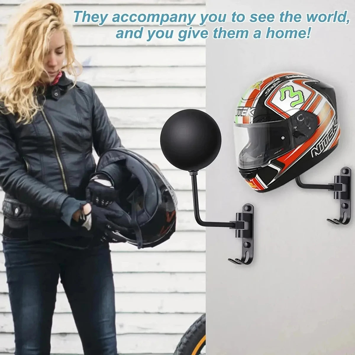 Wall Mount Motorcycle Helmet Holder 180°Rotation Football Bicycle Helmet Rack Helmet Display Hanger Stand for Caps With 2 Hooks