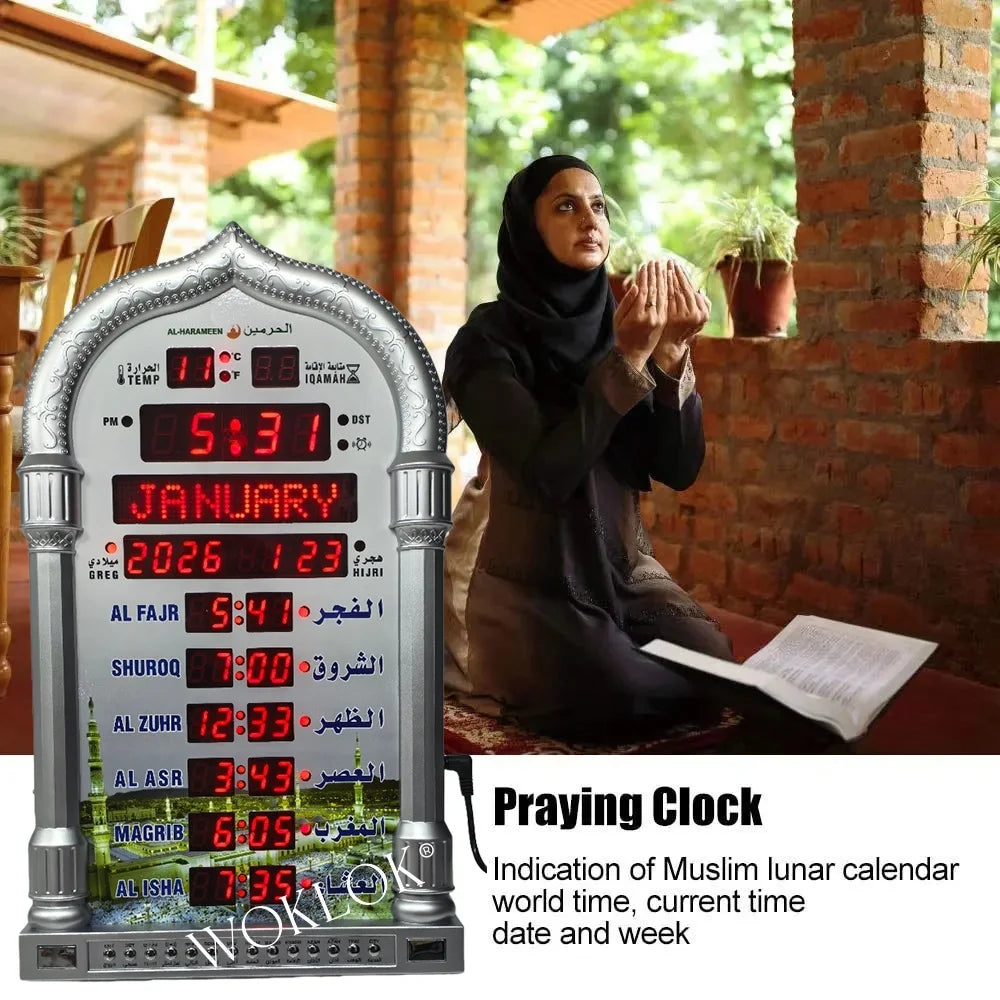 12V Azan Mosque Calendar Muslim Prayer Wall Clock Alarm Islamic Mosque Azan Calendar Ramadan Home Decor with Remote Control
