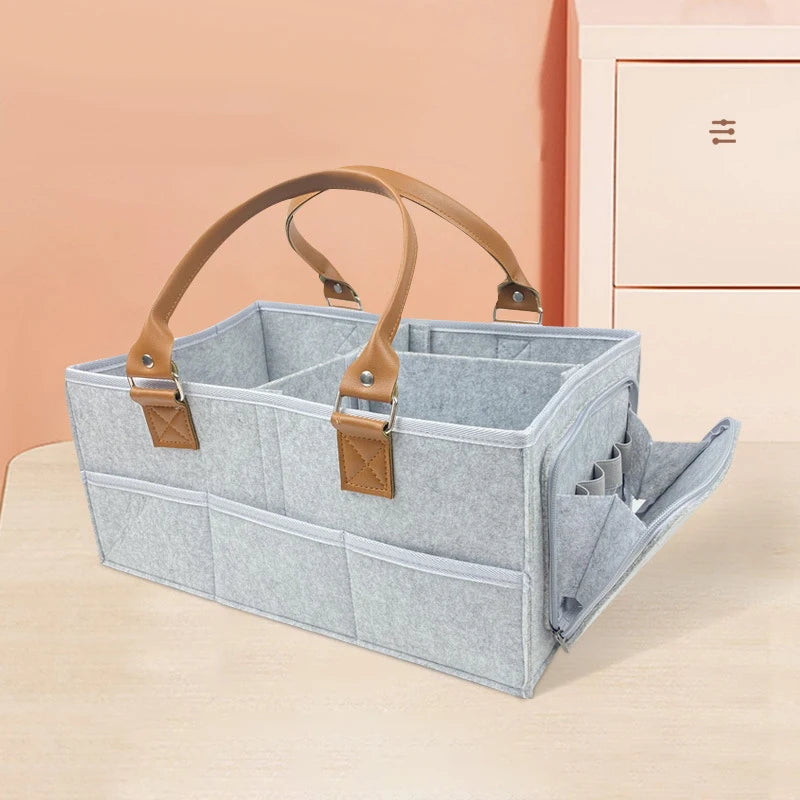 Felt zipper multifunctional storage basket PU handheld strap zipper compartment storage bag
