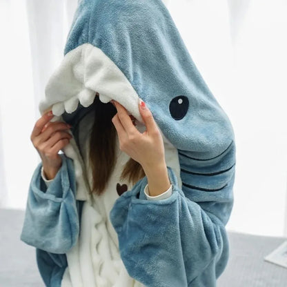 Cartoon Shark Blanket Plaid Gown Sleeping Bag Women Pajamas Adult Blanket Flannel Shark Nightrobe Comfy Bathrobe Homewear Gift
